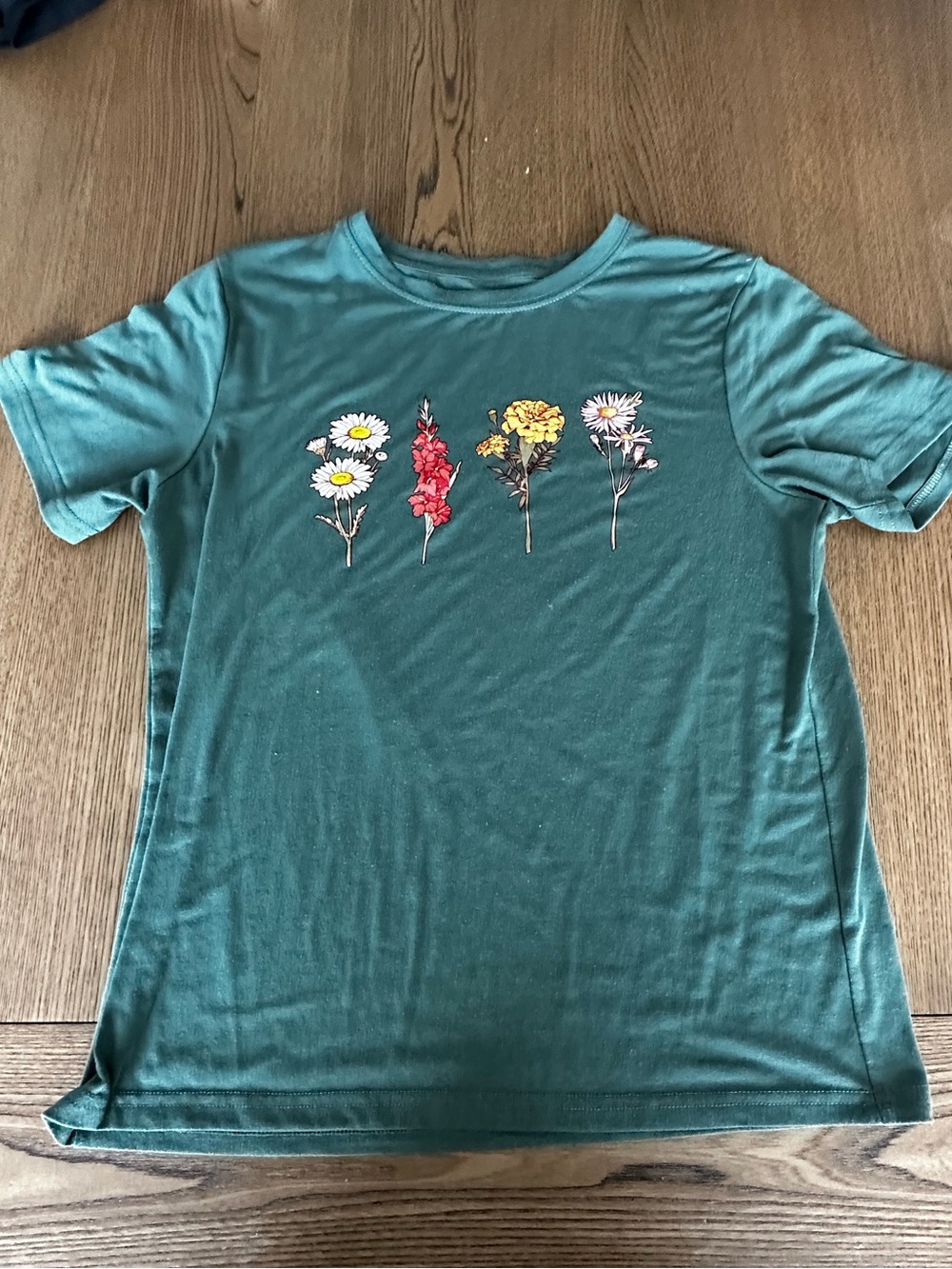 SHEIN Teal Short-Sleeve Tee with Multi-Color Floral Embroidery